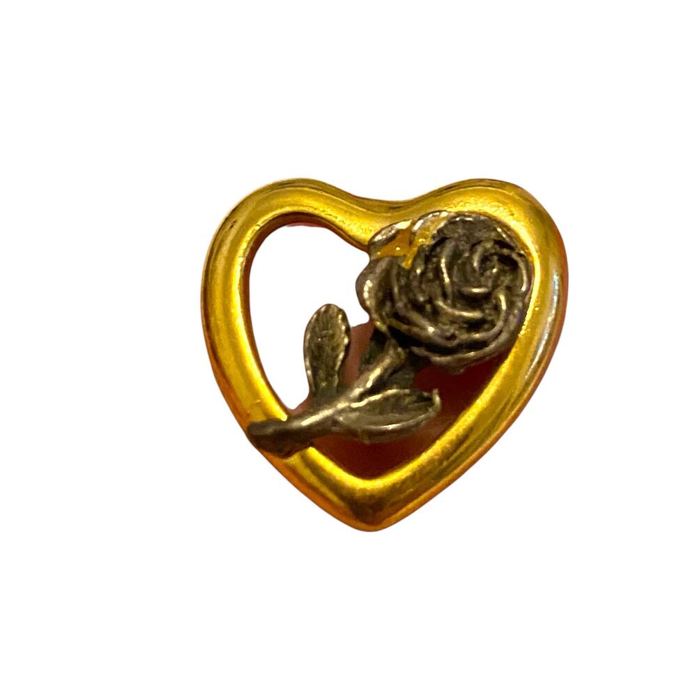 Vintage Silver toned Rose inside a golden heart brooch pin